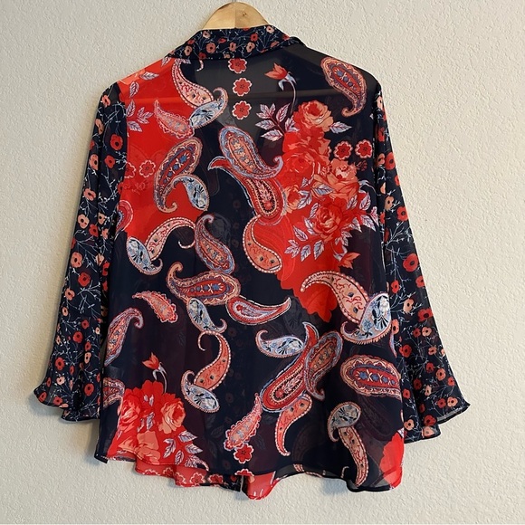 Boho Paisley Floral Bell Sleeve Sheer Blouse Sz M Retro Vintage Chic Fairytale - Picture 12 of 15
